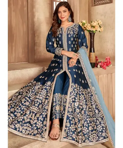 Navy Blue Embroidered Pakistani Style Silk Anarkali Suit