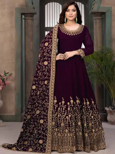 Wine Faux Georgette Embroidered Wedding Wear Designer Anarkali Semi Suit